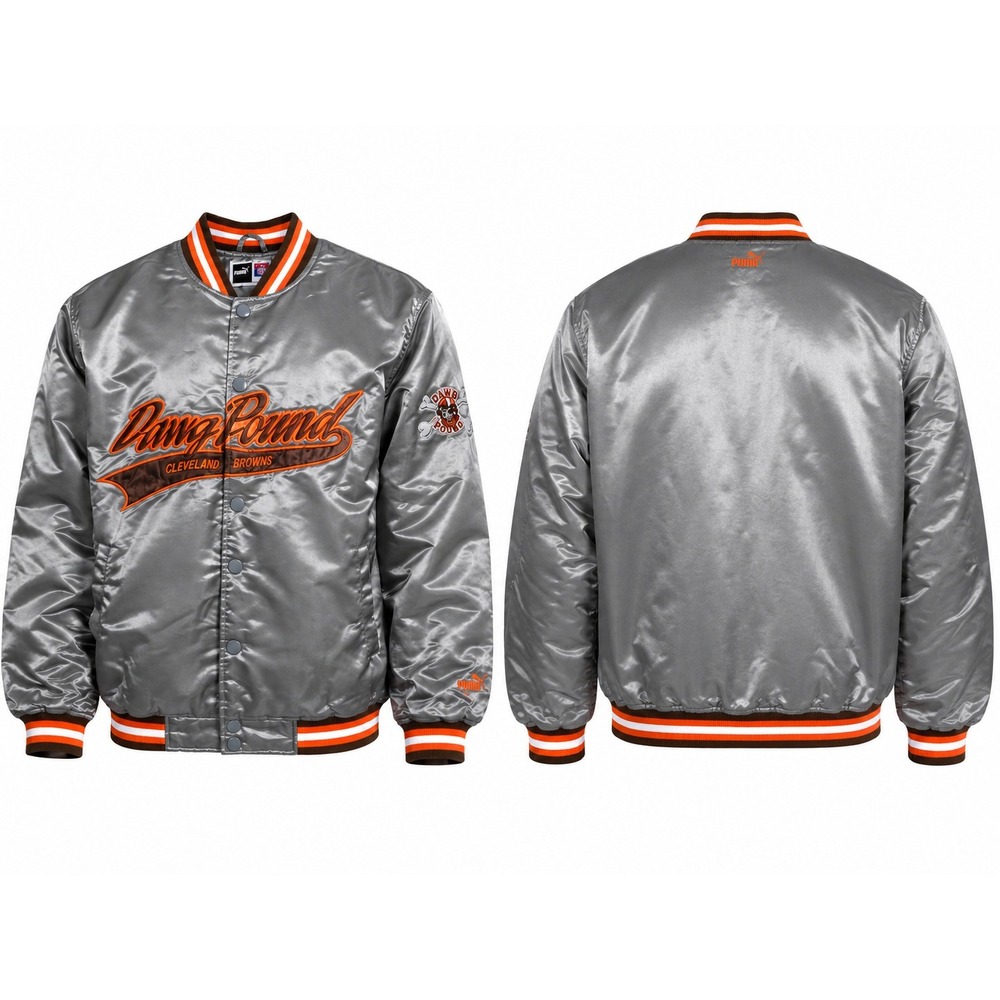 Vintage Puma NFL Cleveland Browns Dawg Pound Satin Bomber Jacket Silver Mens L